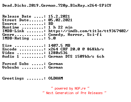 NFO for the release Dead.Dicks.2019.German.720p.BluRay.x264-SPiCY by SPiCY