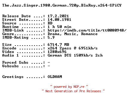 NFO for the release The.Jazz.Singer.1980.German.720p.BluRay.x264-SPiCY by SPiCY