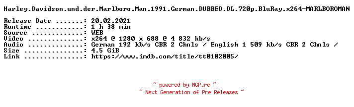 NFO for the release Harley.Davidson.und.der.Marlboro.Man.1991.German.DUBBED.DL.720p.BluRay.x264-MARLBOROMAN by MARLBOROMAN