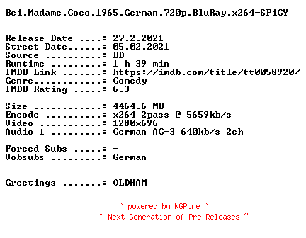 NFO for the release Bei.Madame.Coco.1965.German.720p.BluRay.x264-SPiCY by SPiCY