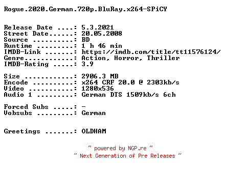 NFO for the release Rogue.2020.German.720p.BluRay.x264-SPiCY by SPiCY