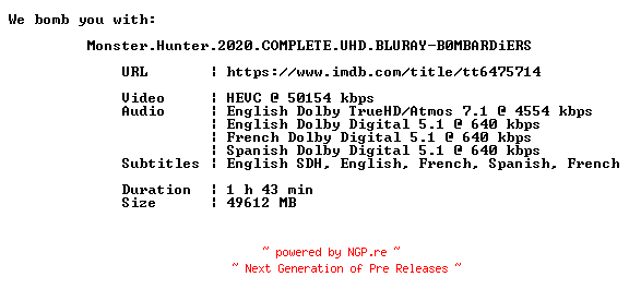 NFO for the release Monster.Hunter.2020.COMPLETE.UHD.BLURAY-B0MBARDiERS by B0MBARDiERS