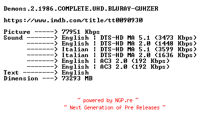 NFO for the release Demons.2.1986.COMPLETE.UHD.BLURAY-GUHZER by GUHZER