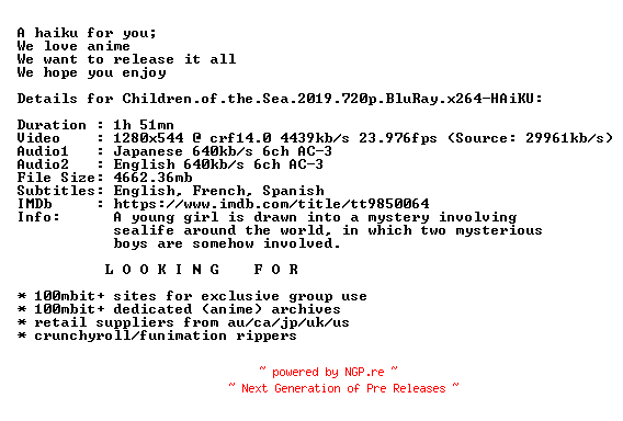 NFO for the release Children.of.the.Sea.2019.720p.BluRay.x264-HAiKU by HAiKU