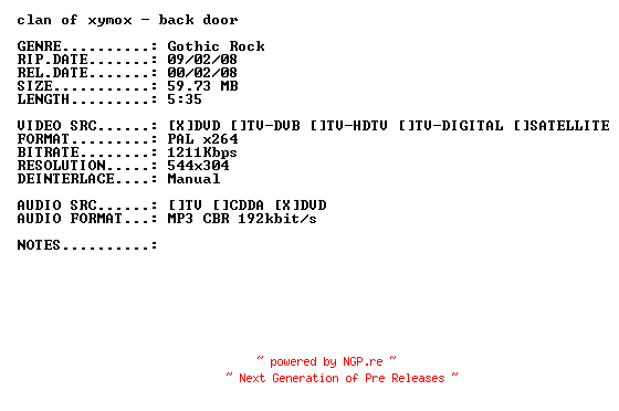 NFO for the release Clan_of_Xymox-Back_Door-(Live)-DVDRiP-XViD-2008-PMSVCD by PMSVCD