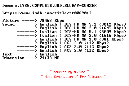 NFO for the release Demons.1985.COMPLETE.UHD.BLURAY-GUHZER by GUHZER
