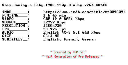 NFO for the release Shes.Having.a.Baby.1988.720p.BluRay.x264-GAZER by GAZER