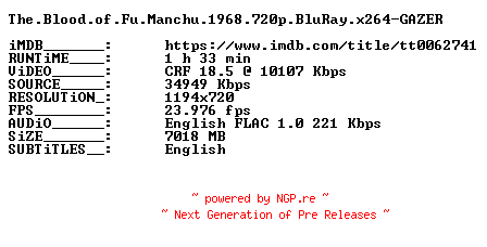 NFO for the release The.Blood.of.Fu.Manchu.1968.720p.BluRay.x264-GAZER by GAZER
