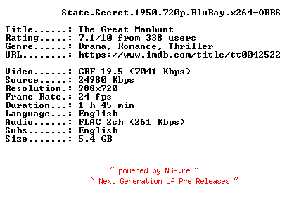 NFO for the release State.Secret.1950.720p.BluRay.x264-ORBS by ORBS