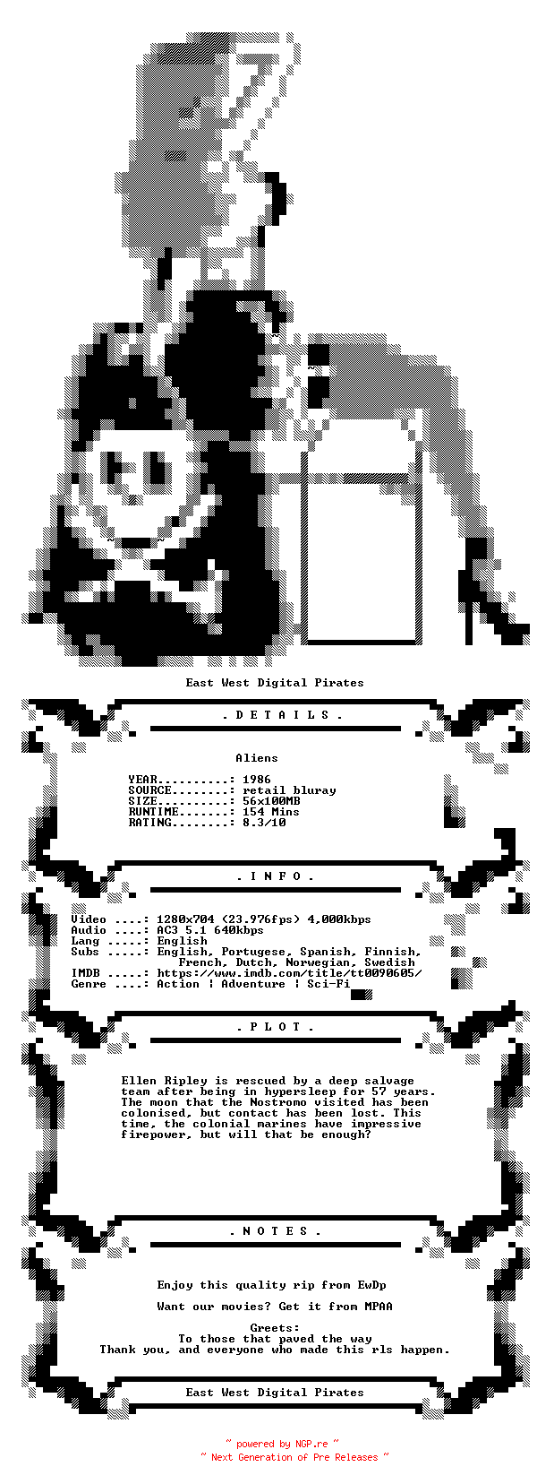 NFO for the release Aliens.1986.iNTERNAL.720p.BluRay.x264-EwDp by EwDp
