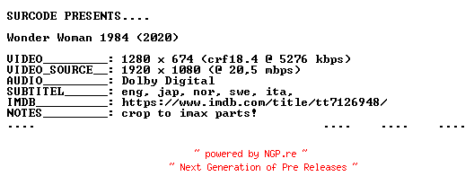 NFO for the release Wonder.Woman.1984.2020.720p.BluRay.x264-SURCODE by SURCODE