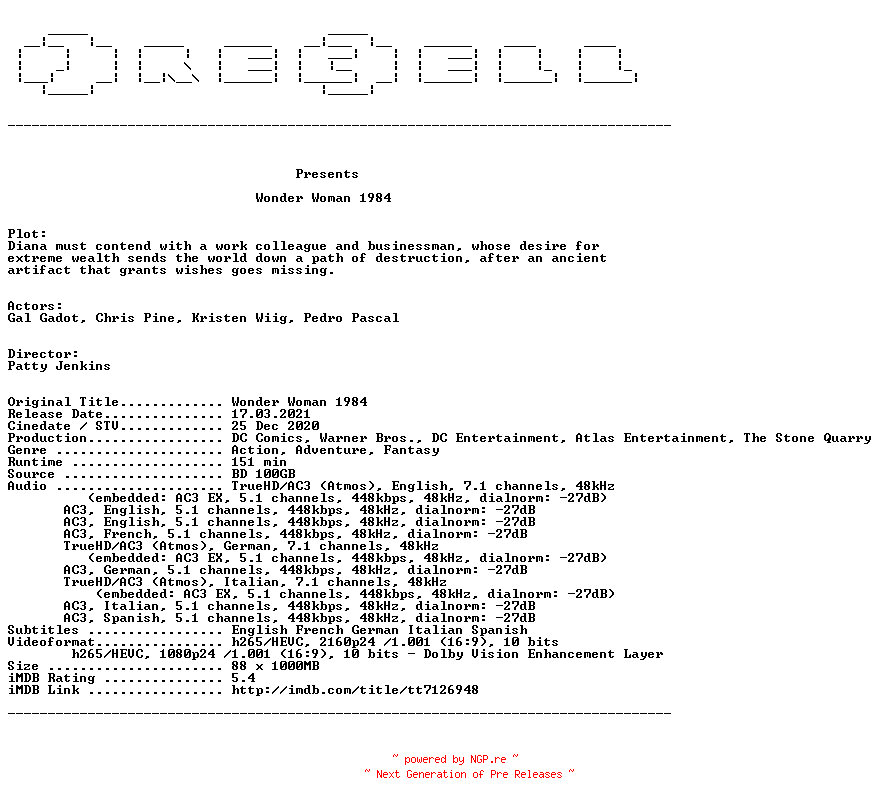 NFO for the release Wonder.Woman.1984.2020.MULTi.COMPLETE.UHD.BLURAY-PRECELL by PRECELL