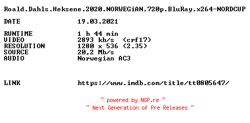 NFO for the release Roald.Dahls.Heksene.2020.NORWEGiAN.720p.BluRay.x264-NORDCUP by NORDCUP