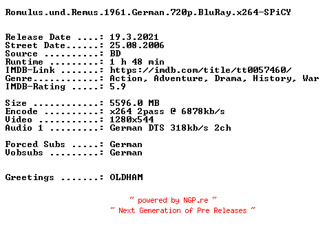 NFO for the release Romulus.und.Remus.1961.German.720p.BluRay.x264-SPiCY by SPiCY