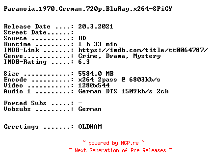 NFO for the release Paranoia.1970.German.720p.BluRay.x264-SPiCY by SPiCY