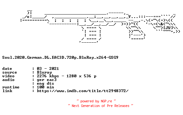 NFO for the release Soul.2020.German.DL.EAC3D.720p.BluRay.x264-GSG9 by GSG9
