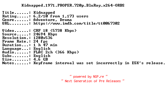 NFO for the release Kidnapped.1971.PROPER.720p.BluRay.x264-ORBS by ORBS
