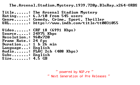 NFO for the release The.Arsenal.Stadium.Mystery.1939.720p.BluRay.x264-ORBS by ORBS