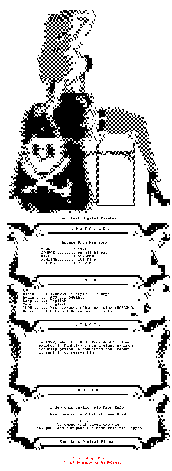 NFO for the release Escape.From.New.York.1981.iNTERNAL.720p.BluRay.x264-EwDp by EwDp