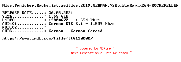 NFO for the release Miss.Punisher.Rache.ist.zeitlos.2019.GERMAN.720p.BluRay.x264-ROCKEFELLER by ROCKEFELLER