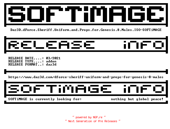 NFO for the release Daz3D.dForce.Sheriff.Uniform.and.Props.for.Genesis.8.Males.ISO-SOFTiMAGE by SOFTiMAGE