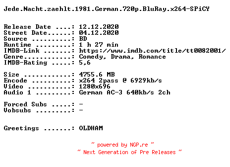 NFO for the release Jede.Nacht.zaehlt.1981.German.720p.BluRay.x264-SPiCY by SPiCY
