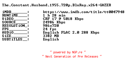 NFO for the release The.Constant.Husband.1955.720p.BluRay.x264-GAZER by GAZER