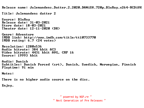 NFO for the release Julemandens.Datter.2.2020.DANiSH.720p.BluRay.x264-RCDiVX by RCDiVX