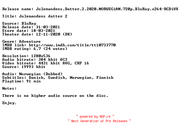 NFO for the release Julemandens.Datter.2.2020.NORWEGiAN.720p.BluRay.x264-RCDiVX by RCDiVX
