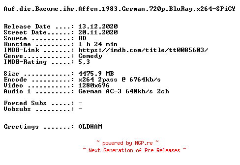 NFO for the release Auf.die.Baeume.ihr.Affen.1983.German.720p.BluRay.x264-SPiCY by SPiCY
