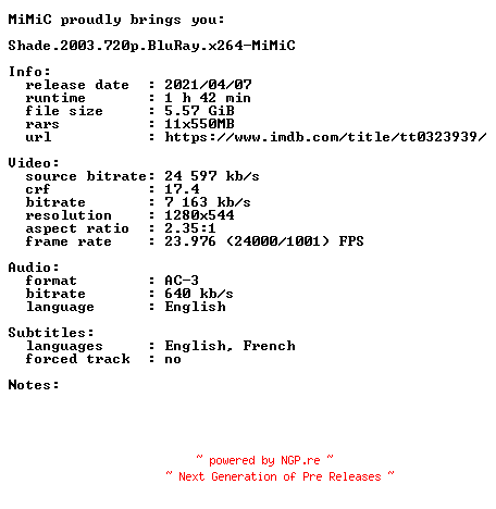 NFO for the release Shade.2003.720p.BluRay.x264-MiMiC by MiMiC