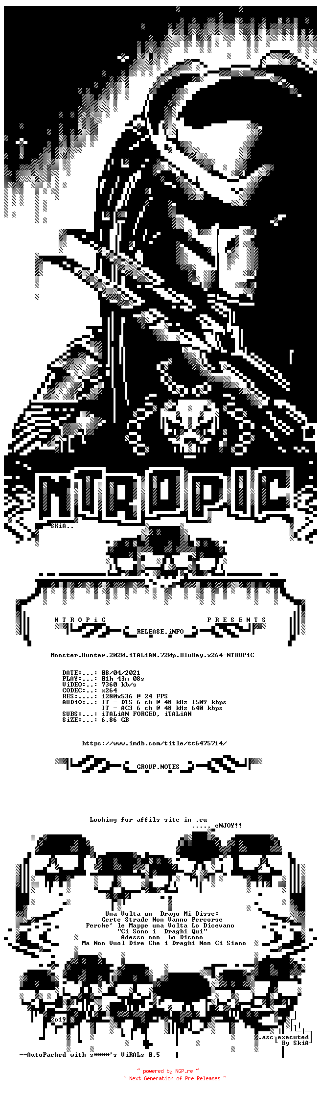 NFO for the release Monster.Hunter.2020.iTALiAN.720p.BluRay.x264-NTROPiC by NTROPiC