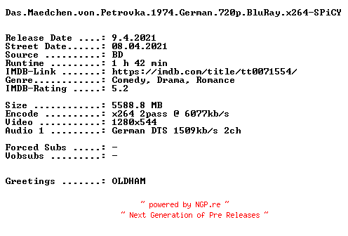NFO for the release Das.Maedchen.von.Petrovka.1974.German.720p.BluRay.x264-SPiCY by SPiCY