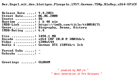 NFO for the release Der.Engel.mit.den.blutigen.Fluegeln.1957.German.720p.BluRay.x264-SPiCY by SPiCY