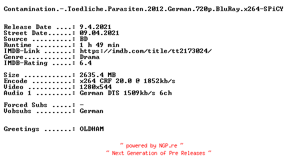 NFO for the release Contamination.-.Toedliche.Parasiten.2012.German.720p.BluRay.x264-SPiCY by SPiCY