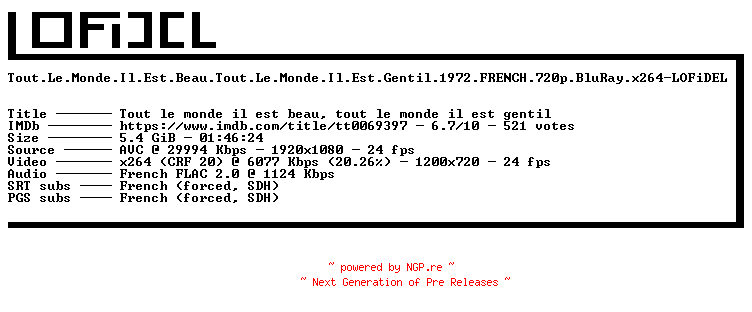 NFO for the release Tout.Le.Monde.Il.Est.Beau.Tout.Le.Monde.Il.Est.Gentil.1972.FRENCH.720p.BluRay.x264-LOFiDEL by LOFiDEL