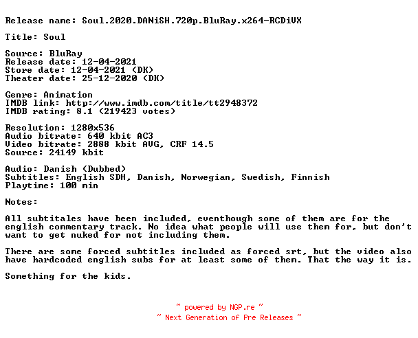 NFO for the release Soul.2020.DANiSH.720p.BluRay.x264-RCDiVX by RCDiVX