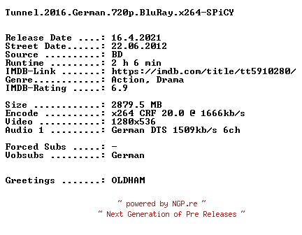 NFO for the release Tunnel.2016.German.720p.BluRay.x264-SPiCY by SPiCY