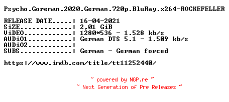 NFO for the release Psycho.Goreman.2020.German.720p.BluRay.x264-ROCKEFELLER by ROCKEFELLER