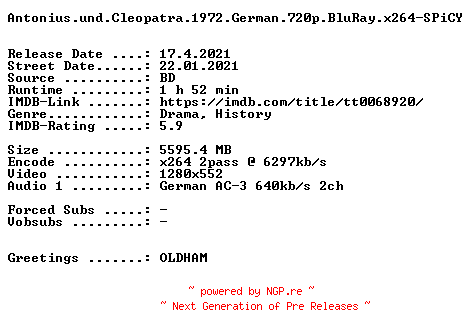 NFO for the release Antonius.und.Cleopatra.1972.German.720p.BluRay.x264-SPiCY by SPiCY