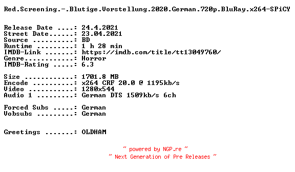 NFO for the release Red.Screening.-.Blutige.Vorstellung.2020.German.720p.BluRay.x264-SPiCY by SPiCY