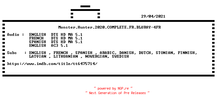 NFO for the release Monster.Hunter.2020.COMPLETE.FR.BLURAY-4FR by 4FR