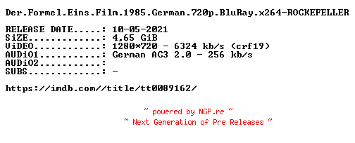 NFO for the release Der.Formel.Eins.Film.1985.German.720p.BluRay.x264-ROCKEFELLER by ROCKEFELLER