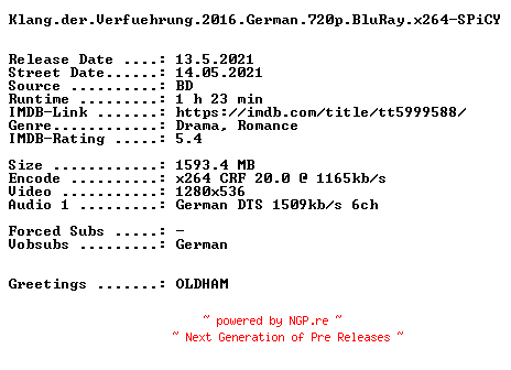 NFO for the release Klang.der.Verfuehrung.2016.German.720p.BluRay.x264-SPiCY by SPiCY