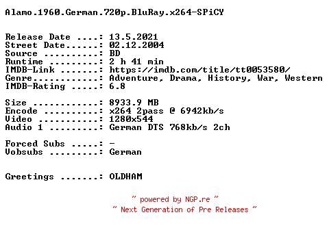 NFO for the release Alamo.1960.German.720p.BluRay.x264-SPiCY by SPiCY
