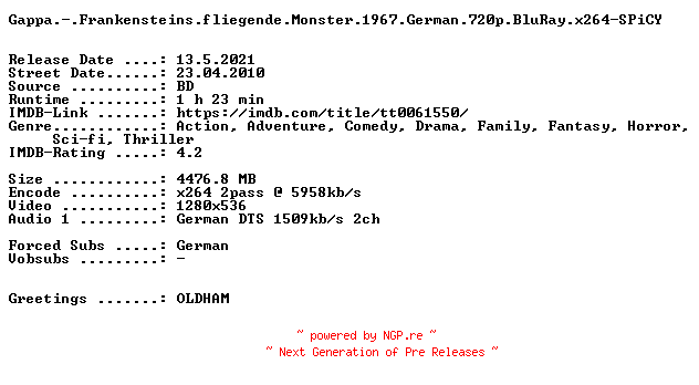 NFO for the release Gappa.-.Frankensteins.fliegende.Monster.1967.German.720p.BluRay.x264-SPiCY by SPiCY