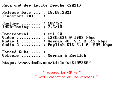 NFO for the release Raya.und.der.letzte.Drache.2021.German.DL.720p.BluRay.x264-COiNCiDENCE by COiNCiDENCE
