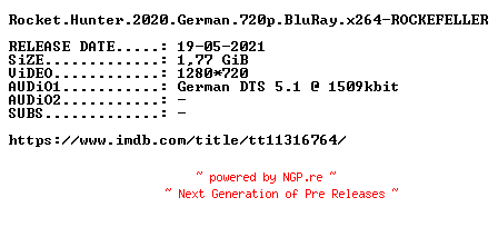 NFO for the release Rocket.Hunter.2020.German.720p.BluRay.x264-ROCKEFELLER by ROCKEFELLER