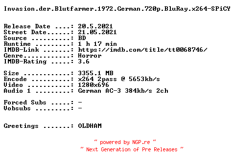 NFO for the release Invasion.der.Blutfarmer.1972.German.720p.BluRay.x264-SPiCY by SPiCY