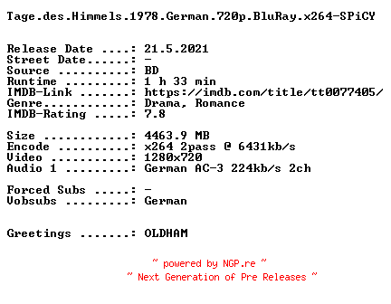 NFO for the release Tage.des.Himmels.1978.German.720p.BluRay.x264-SPiCY by SPiCY